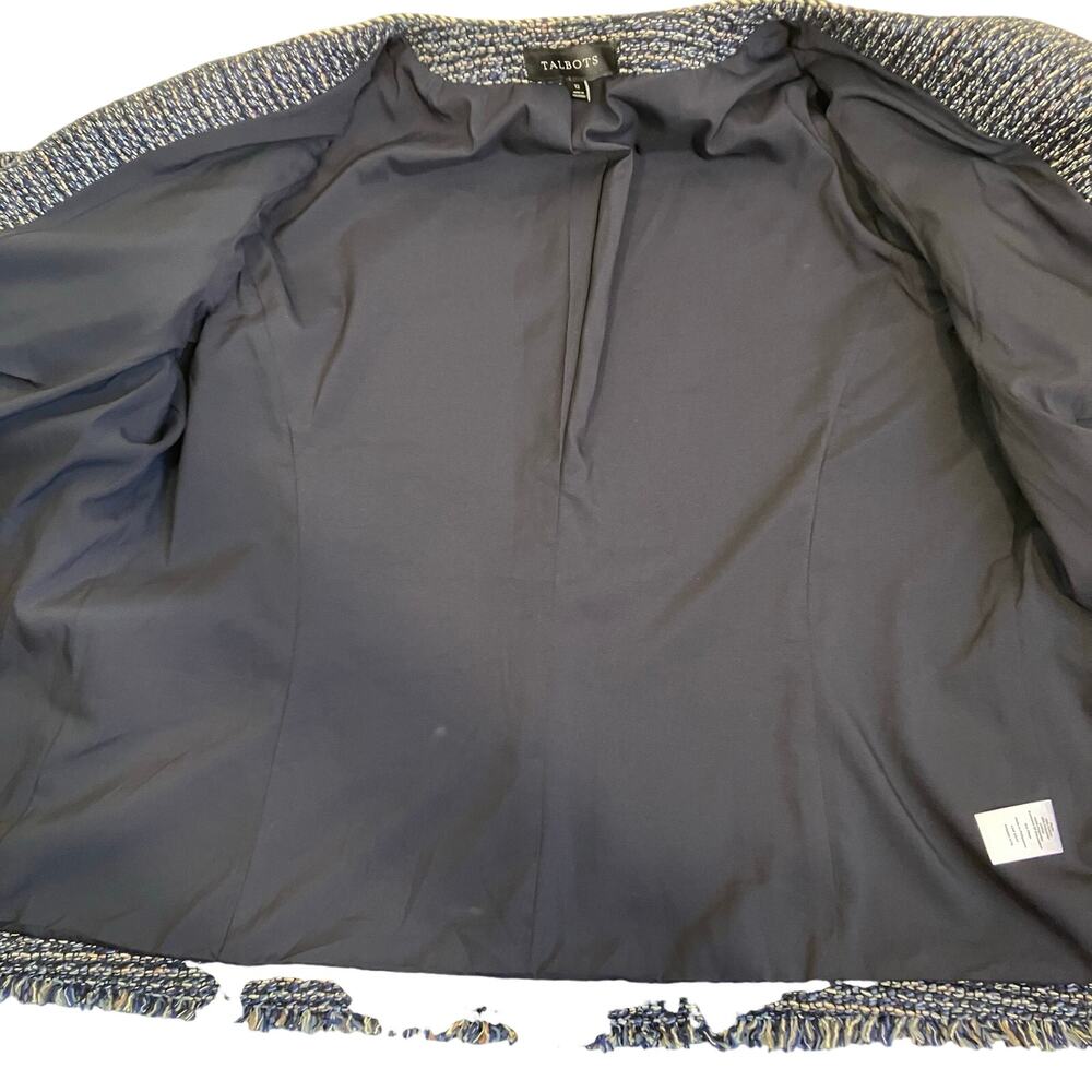 Talbots Sz 12 Airy Tweed Woven Jacket Open Front Fringe Trim Navy Classic - Picture 15 of 16